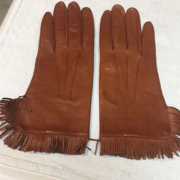 Cognac Brown Real Leather Fringe Gloves, made in Italy, sz7 - Picture 4 of 6